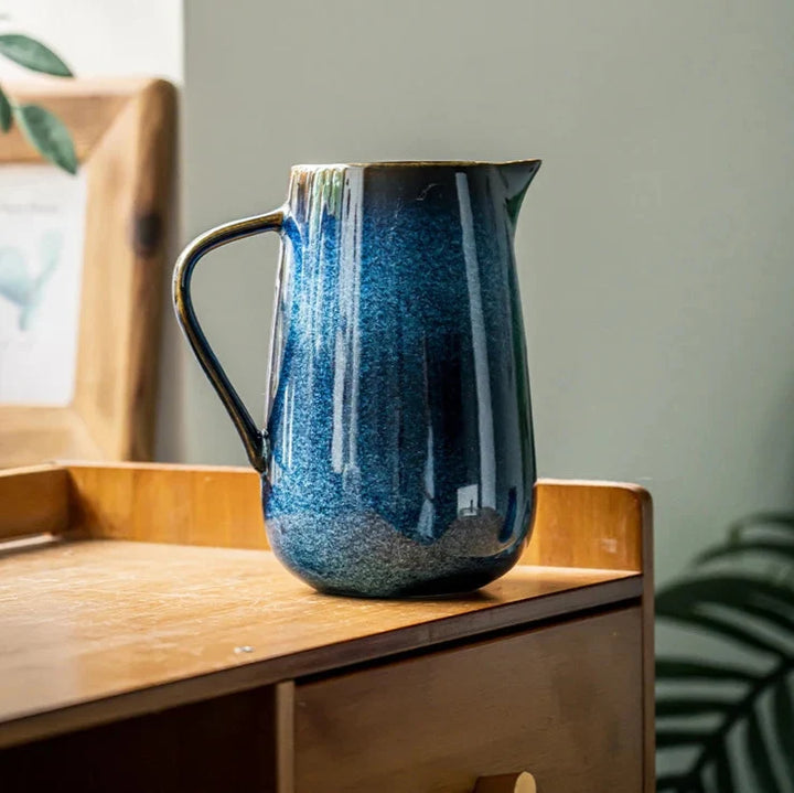 Handmade Blue Ceramic Pitcher, 1700ml Pottery Jug with Kiln-Fired Glaze for Stylish Serving 1