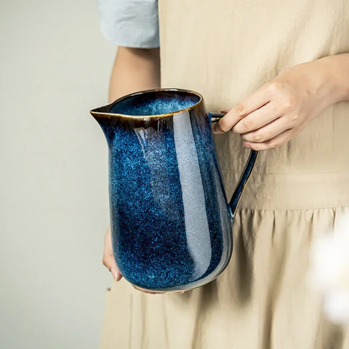 Handmade Blue Ceramic Pitcher, 1700ml Pottery Jug with Kiln-Fired Glaze for Stylish Serving 2