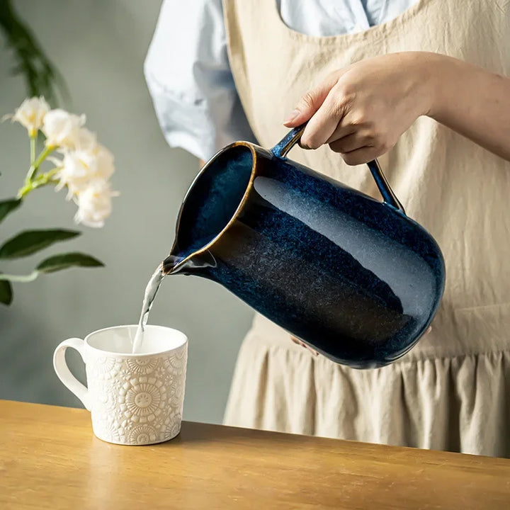 Handmade Blue Ceramic Pitcher, 1700ml Pottery Jug with Kiln-Fired Glaze for Stylish Serving 4