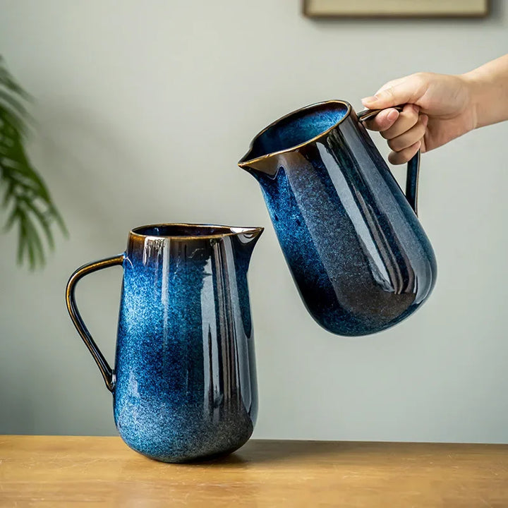 Handmade Blue Ceramic Pitcher, 1700ml Pottery Jug with Kiln-Fired Glaze for Stylish Serving 5