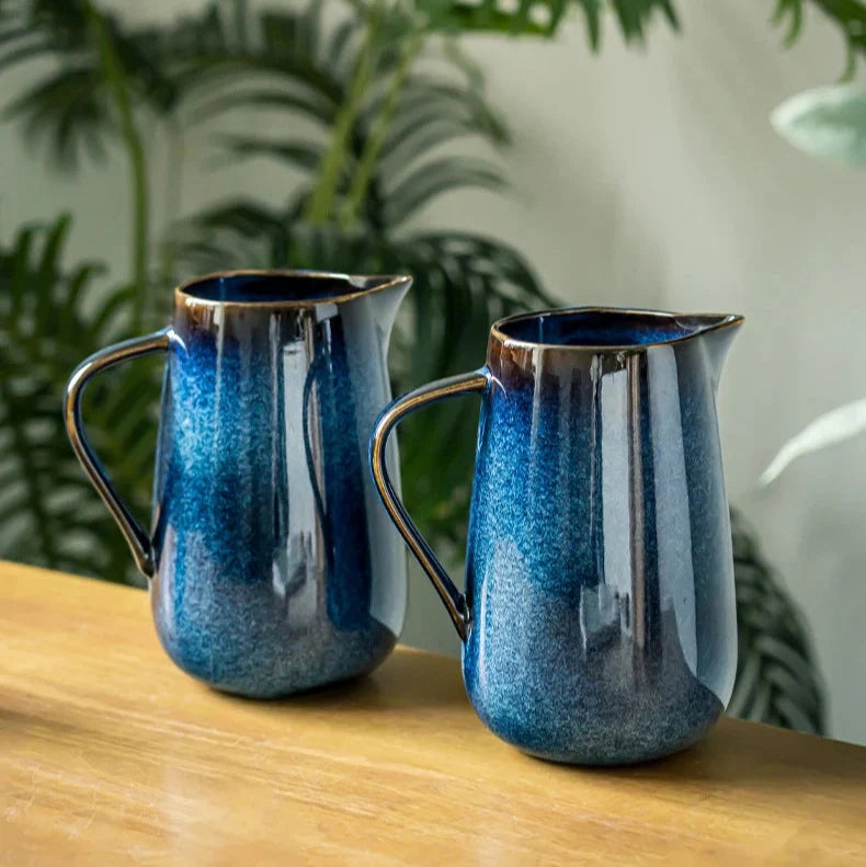 Handmade Blue Ceramic Pitcher, 1700ml Pottery Jug with Kiln-Fired Glaze for Stylish Serving 6