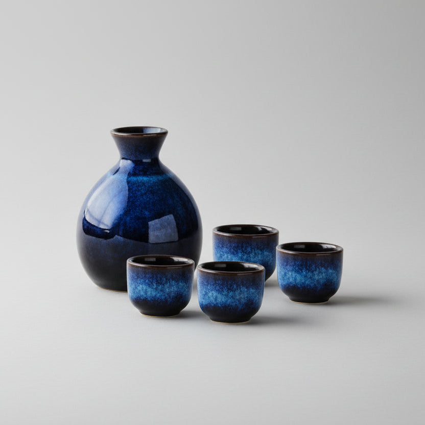 Handmade Indigo Blue Japanese Sake Set – 5-Piece Ceramic Set for Hot and Cold Sake 0