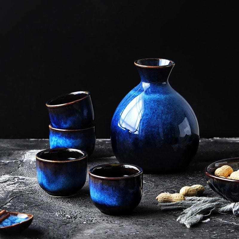 Handmade Indigo Blue Japanese Sake Set – 5-Piece Ceramic Set for Hot and Cold Sake 1