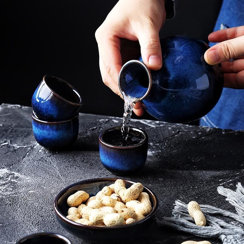 Handmade Indigo Blue Japanese Sake Set – 5-Piece Ceramic Set for Hot and Cold Sake 3