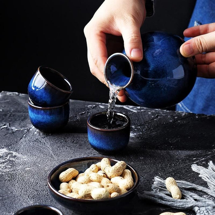 Handmade Indigo Blue Japanese Sake Set – 5-Piece Ceramic Set for Hot and Cold Sake 3