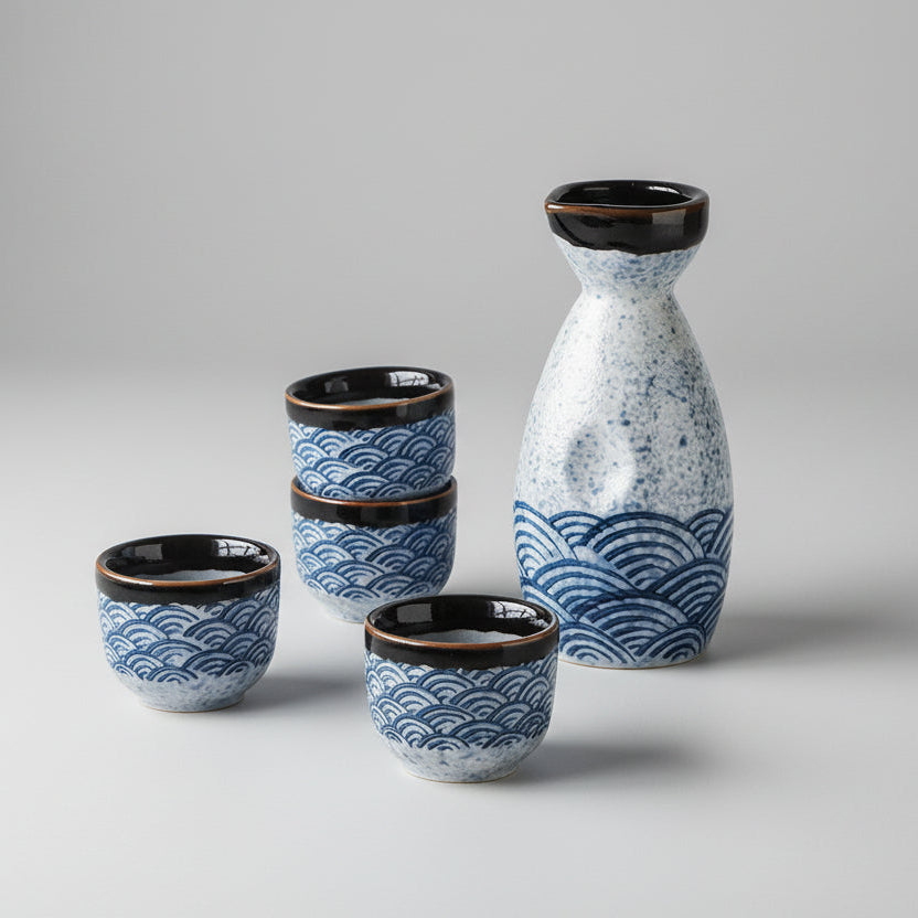 Handmade Japanese Sake Set – 5-Piece Ceramic Sake Drinking Set with Wave Pattern 0