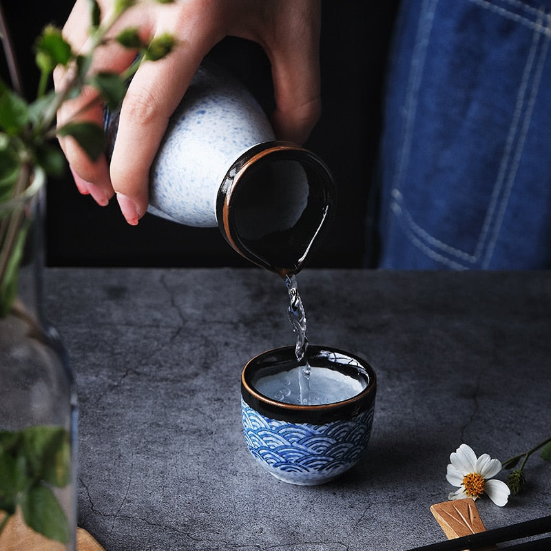 Handmade Japanese Sake Set – 5-Piece Ceramic Sake Drinking Set with Wave Pattern 1