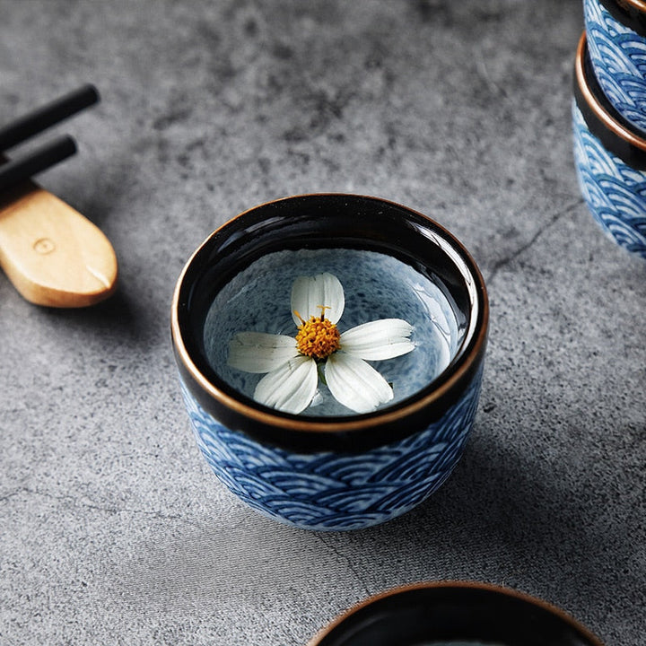 Handmade Japanese Sake Set – 5-Piece Ceramic Sake Drinking Set with Wave Pattern 2