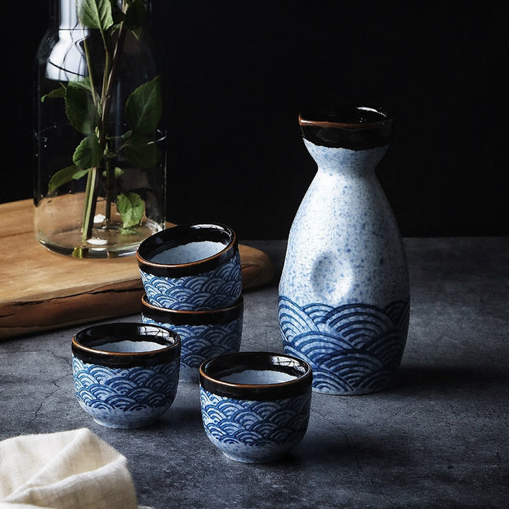 Handmade Japanese Sake Set – 5-Piece Ceramic Sake Drinking Set with Wave Pattern 3