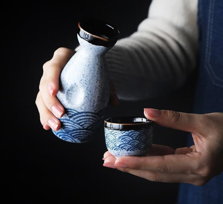Handmade Japanese Sake Set – 5-Piece Ceramic Sake Drinking Set with Wave Pattern 4