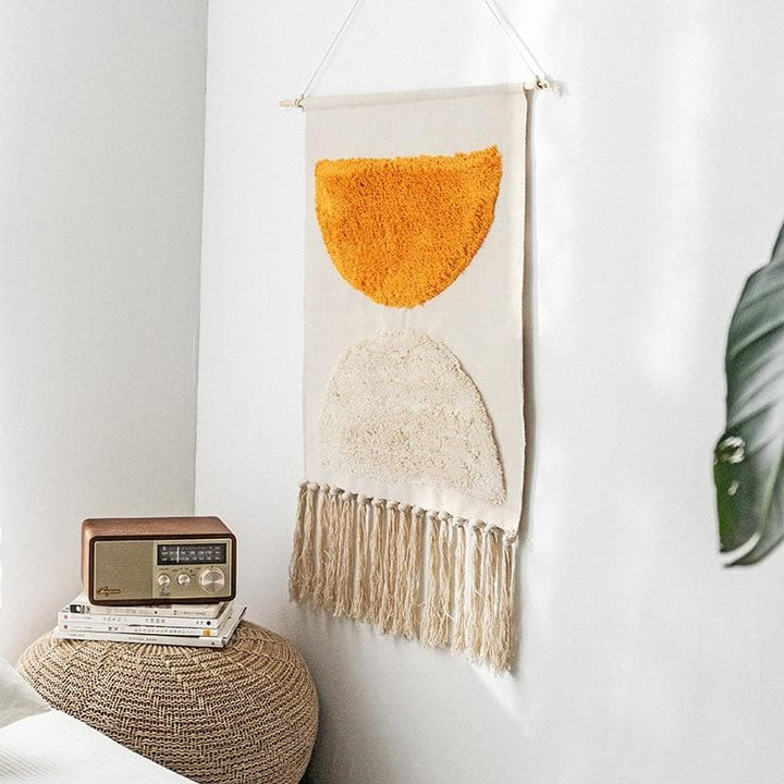 Handwoven Cotton Tapestry Wall Art with Geometric Patterns – Bohemian Wall Decor, 70x50cm with Wooden Hanging Stick 0
