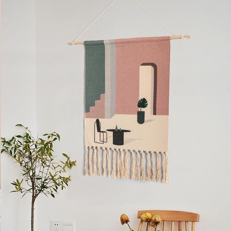 Handwoven Cotton Tapestry Wall Art with Geometric Patterns – Bohemian Wall Decor, 70x50cm with Wooden Hanging Stick 1