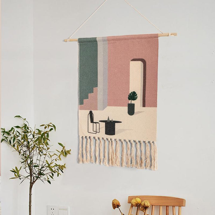 Handwoven Cotton Tapestry Wall Art with Geometric Patterns – Bohemian Wall Decor, 70x50cm with Wooden Hanging Stick 1