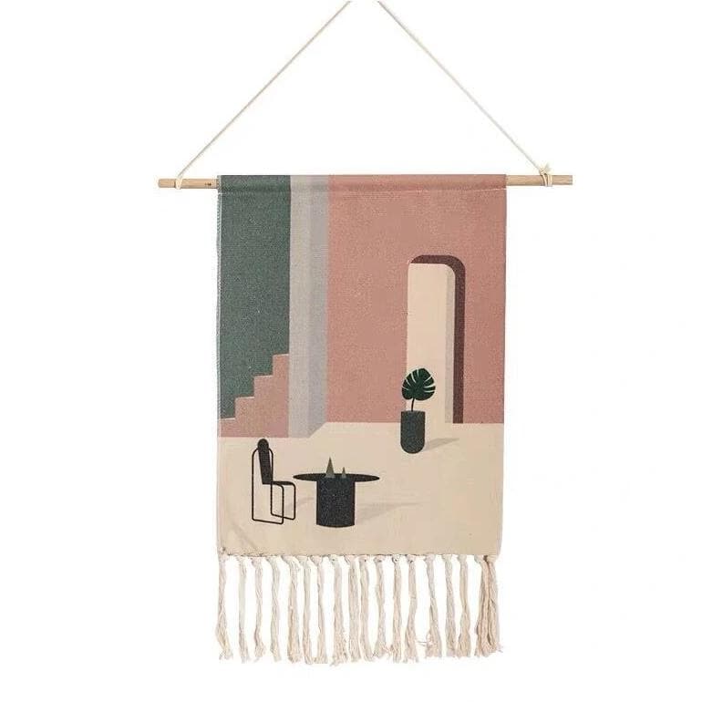 Handwoven Cotton Tapestry Wall Art with Geometric Patterns – Bohemian Wall Decor, 70x50cm with Wooden Hanging Stick 2