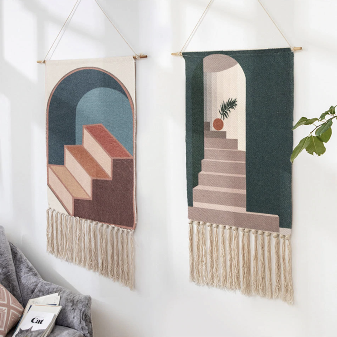 Handwoven Cotton Tapestry Wall Art with Geometric Patterns – Bohemian Wall Decor, 70x50cm with Wooden Hanging Stick 6