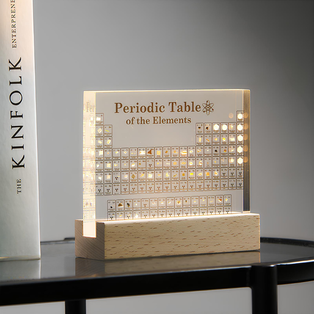 Illuminated Periodic Table of Elements Display with 83 Real Samples in Acrylic – Modern LED Design with Wooden Base 0