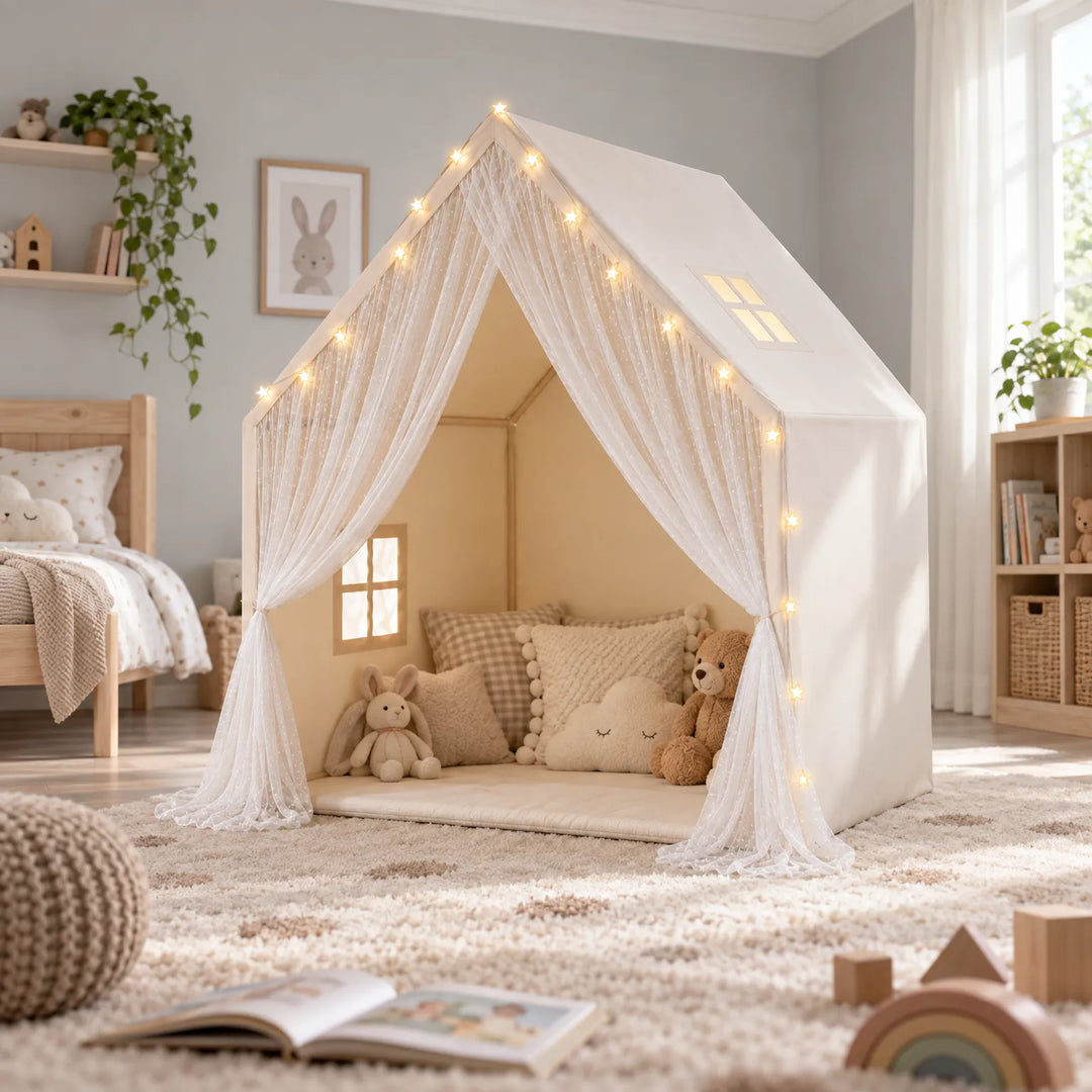 Indoor Children's Play Tent with Lace Trim and Star String Lights – Cozy Cotton-Blend Fabric Tent for Kids Ages 3+ 0
