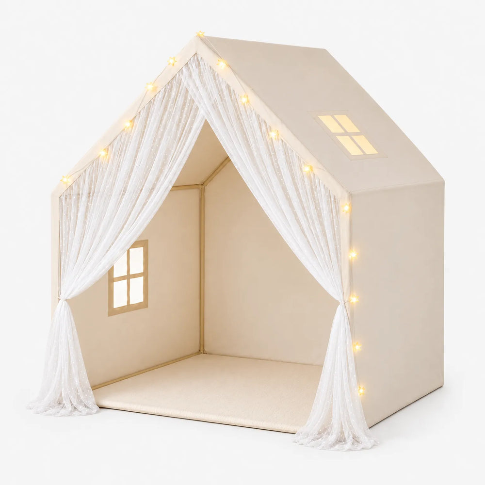 Indoor Children's Play Tent with Lace Trim and Star String Lights – Cozy Cotton-Blend Fabric Tent for Kids Ages 3+ 1