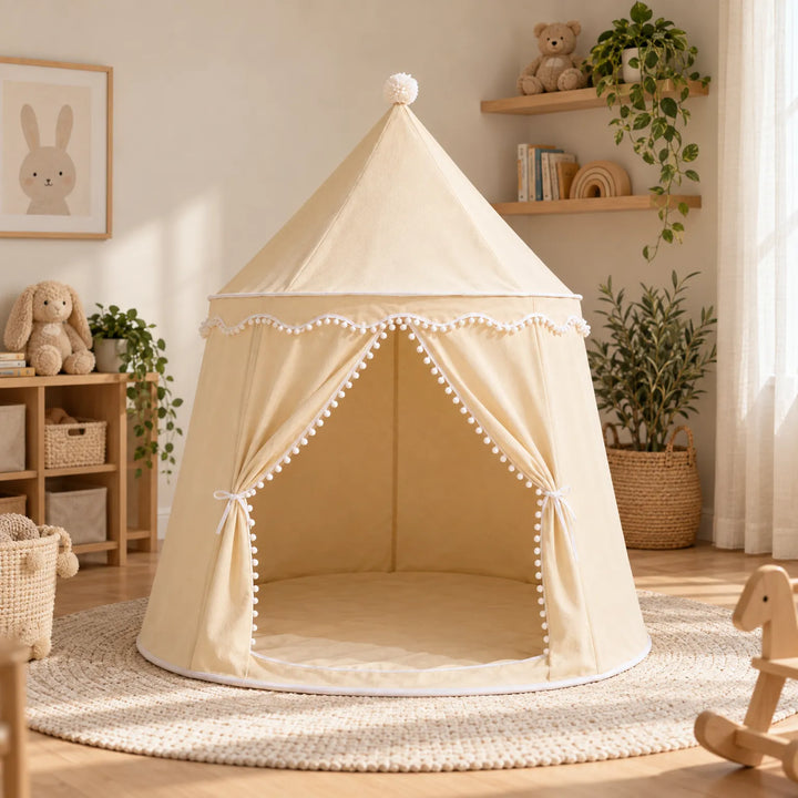 Indoor Kids Play Tent, Castle Design with Pom-Pom Trim, 110 cm Diameter, 125 cm Height, Durable Polyester, for Ages 2-8 1