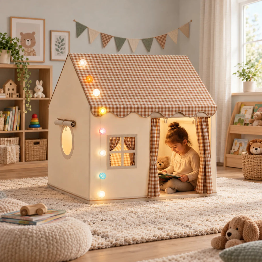 Indoor Kids Playhouse Tent with Decorative String Lights for Reading and Imaginative Play – Cozy Fabric Structure for Ages 2-8 1