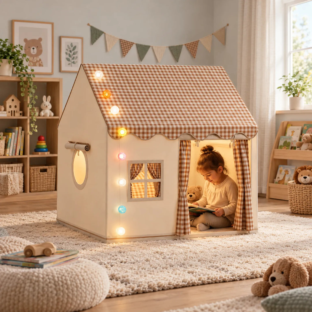 Indoor Kids Playhouse Tent with Decorative String Lights for Reading and Imaginative Play – Cozy Fabric Structure for Ages 2-8 1