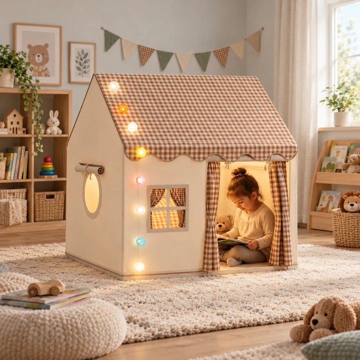 Indoor Kids Playhouse Tent with Decorative String Lights for Reading and Imaginative Play – Cozy Fabric Structure for Ages 2-8 1