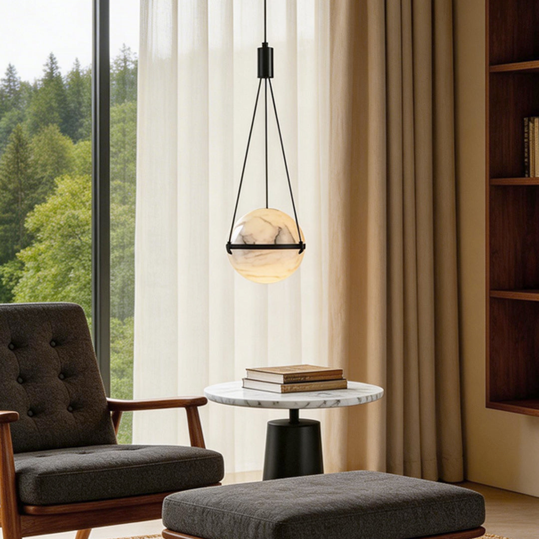 Italian Style Globe Pendant Light Fixture with Marble Shade – Adjustable Copper Hanging Light for Kitchen or Home Decor 2