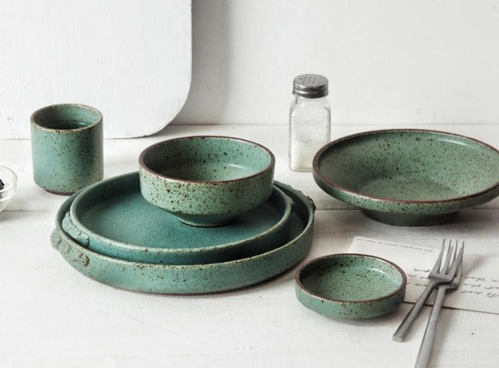 Jade Stoneware Ceramic Dinnerware Set – Vintage Glazed Porcelain with Unique Shapes 6