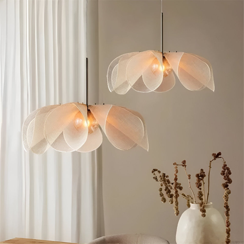 Japandi Floral Pendant Lamp – Adjustable Kitchen Pendant Lighting with Glass and Fabric, Elegant Boho Design, D50cm to D80cm 3