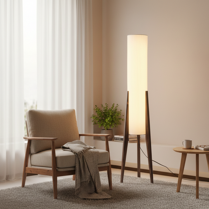Japandi Solid Wood Floor Lamp with LED Light – Walnut and Brass Design 0