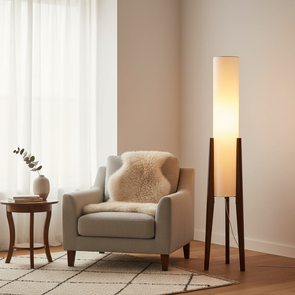 Japandi Solid Wood Floor Lamp with LED Light – Walnut and Brass Design 1