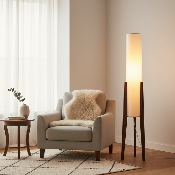 Japandi Solid Wood Floor Lamp with LED Light – Walnut and Brass Design 1