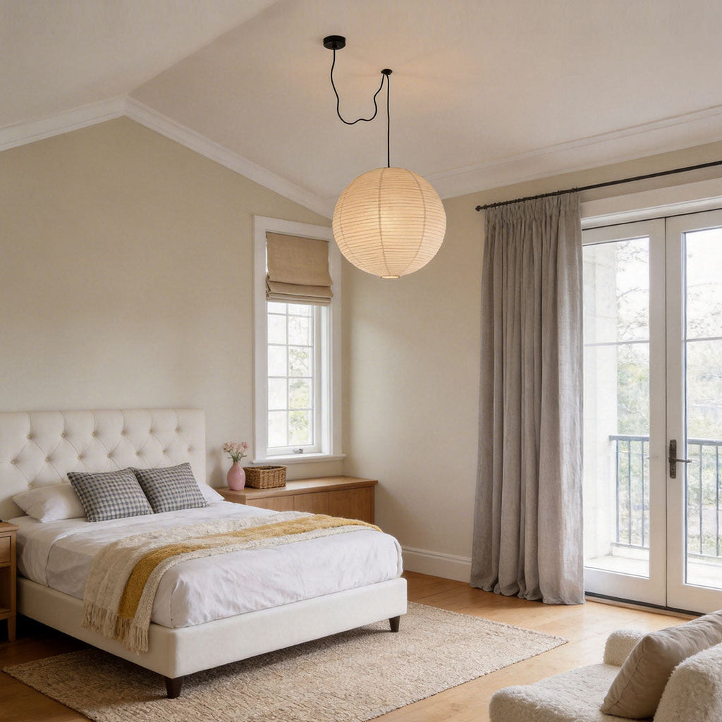 Japanese Minimalist Paper Pendant Light Fixture with Adjustable Height – Warm White Ceiling Light for Kitchen, Dining, and Living Spaces 1