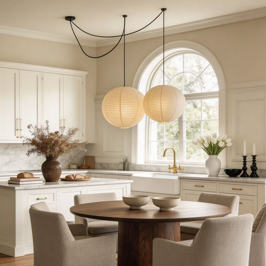 Japanese Minimalist Paper Pendant Light Fixture with Adjustable Height – Warm White Ceiling Light for Kitchen, Dining, and Living Spaces 3