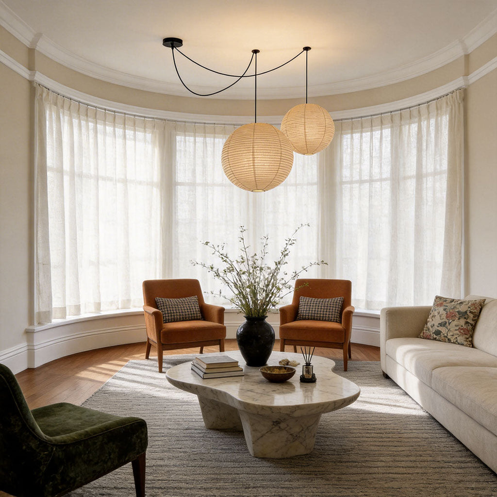 Japanese Minimalist Paper Pendant Light Fixture with Adjustable Height – Warm White Ceiling Light for Kitchen, Dining, and Living Spaces 4