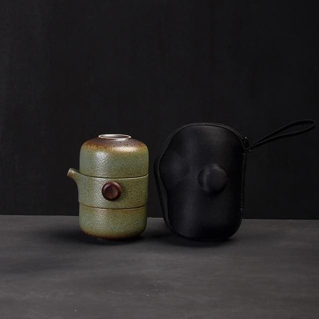 Japanese Travel Tea Set with Handmade Pottery, Includes Teapot, 2 Cups, and Compact Travel Bag 0