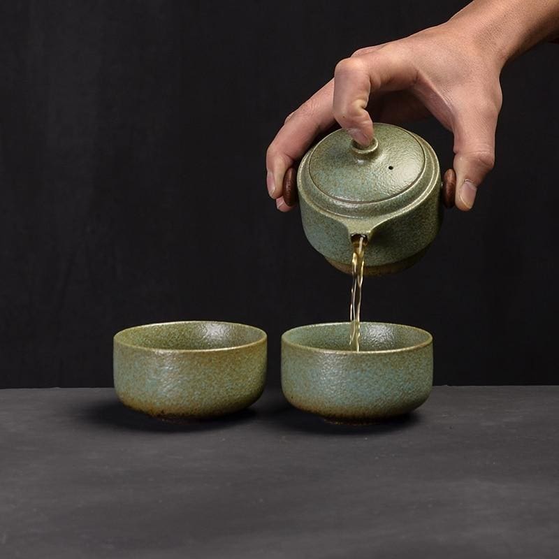 Japanese Travel Tea Set with Handmade Pottery, Includes Teapot, 2 Cups, and Compact Travel Bag 6