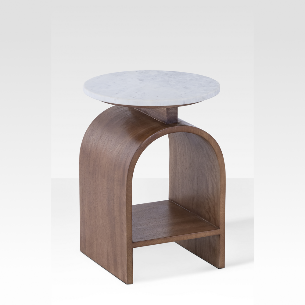Kromme Marble Side Table with Walnut Base – Modern End Table for Living Room, Elegant Design with Integrated Shelf 0