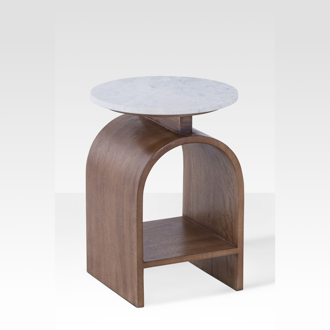 Kromme Marble Side Table with Walnut Base – Modern End Table for Living Room, Elegant Design with Integrated Shelf 0