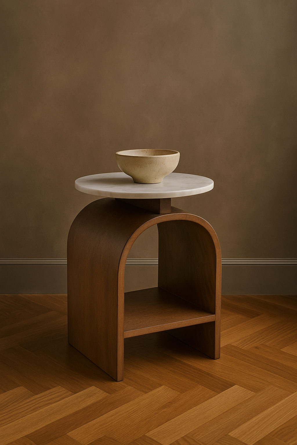 Kromme Marble Side Table with Walnut Base – Modern End Table for Living Room, Elegant Design with Integrated Shelf 1