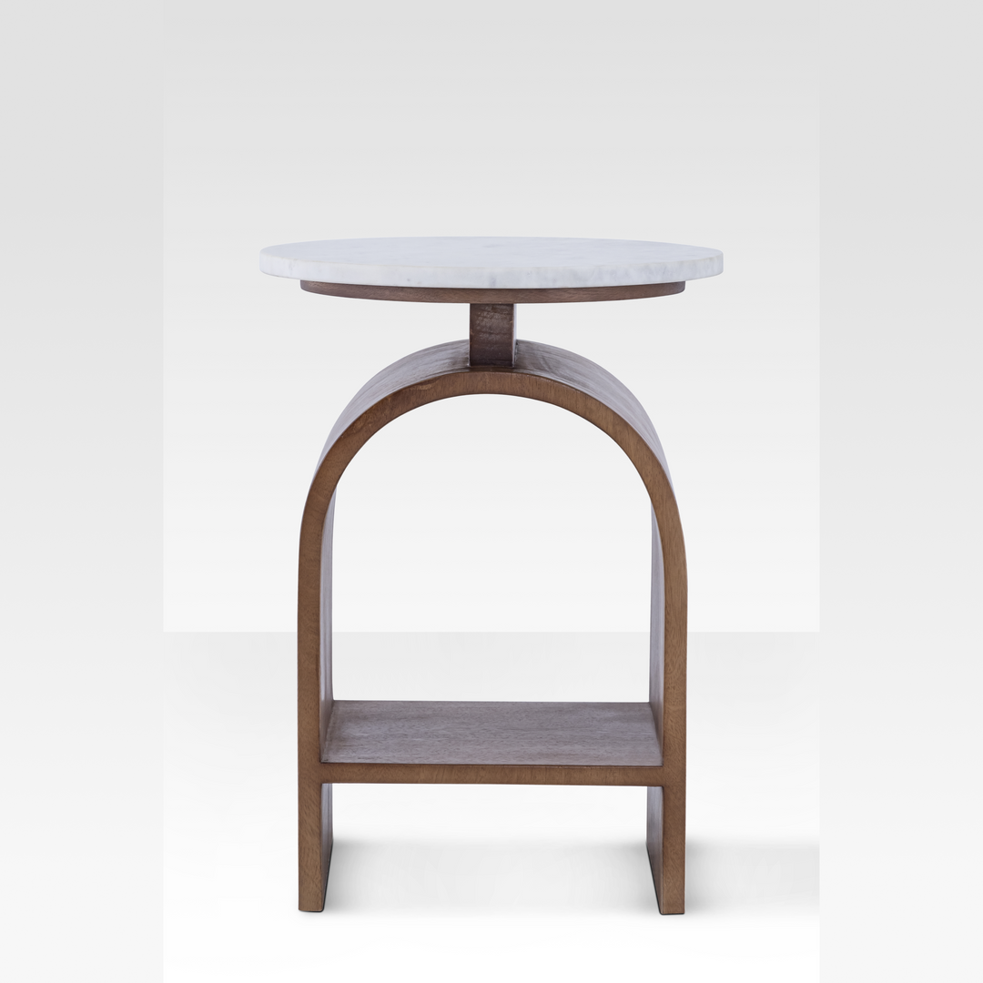 Kromme Marble Side Table with Walnut Base – Modern End Table for Living Room, Elegant Design with Integrated Shelf 3