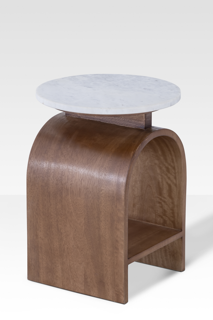 Kromme Marble Side Table with Walnut Base – Modern End Table for Living Room, Elegant Design with Integrated Shelf 5
