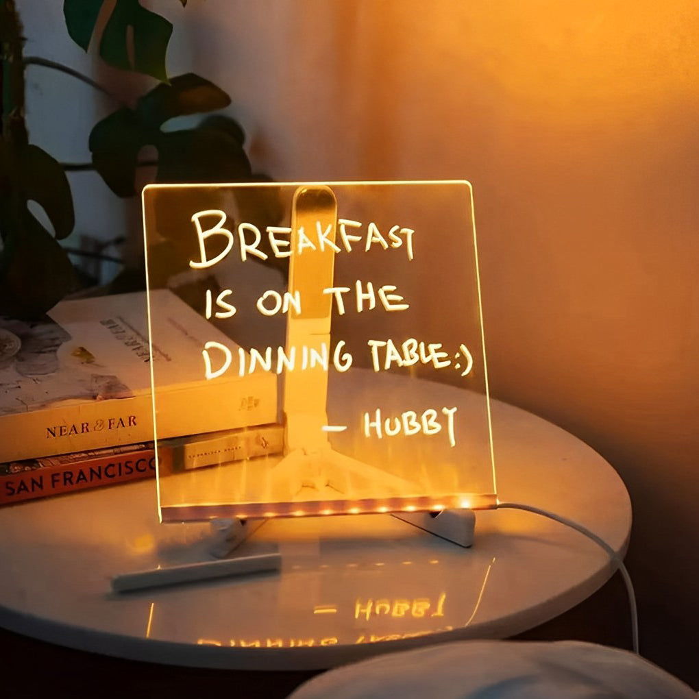 LED Acrylic Message Board Table Lamp with Writable Surface, Colorful USB Rechargeable Lighting and Modern Tripod Base 0