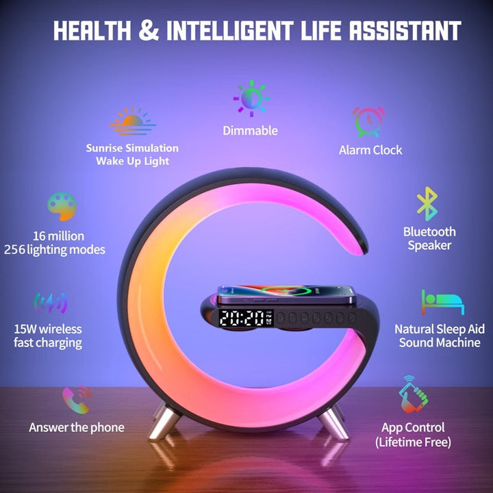 LED Smart Lamp with Wireless Charging, Bluetooth Speaker, and RGB Light Effects – 15W Fast Charge, 256 Modes, 16 Million Colors 6