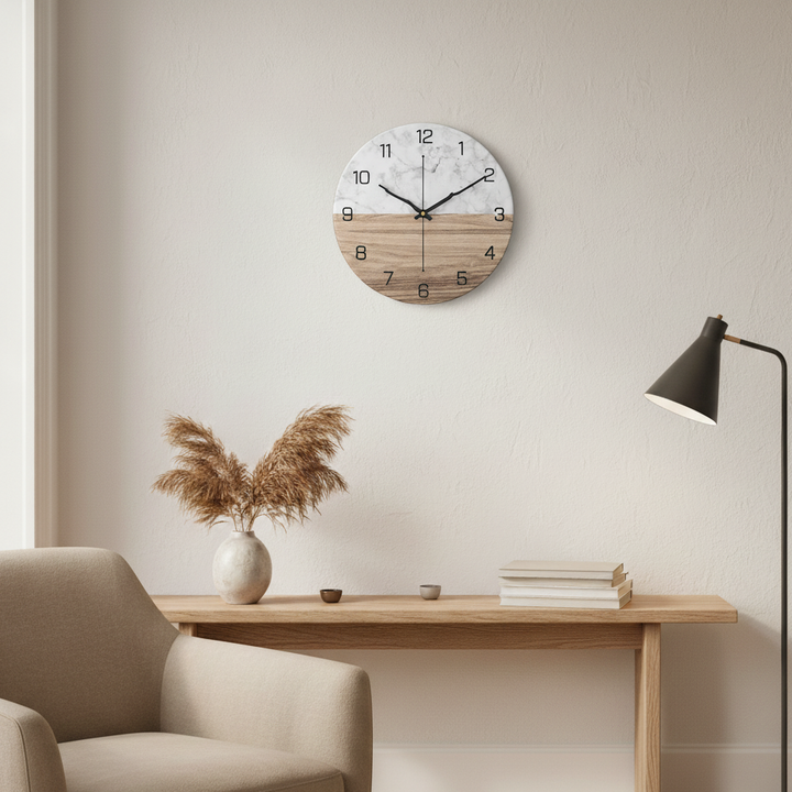 Large Modern Wall Clock with Marble Look and Silent Quartz Movement – 30cm Diameter Wall Clock Decor 1