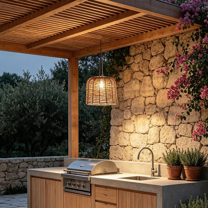 Large Outdoor Woven Rattan Pendant Light with Solar and USB Charging, Waterproof IP54 Ceiling Fixture 0