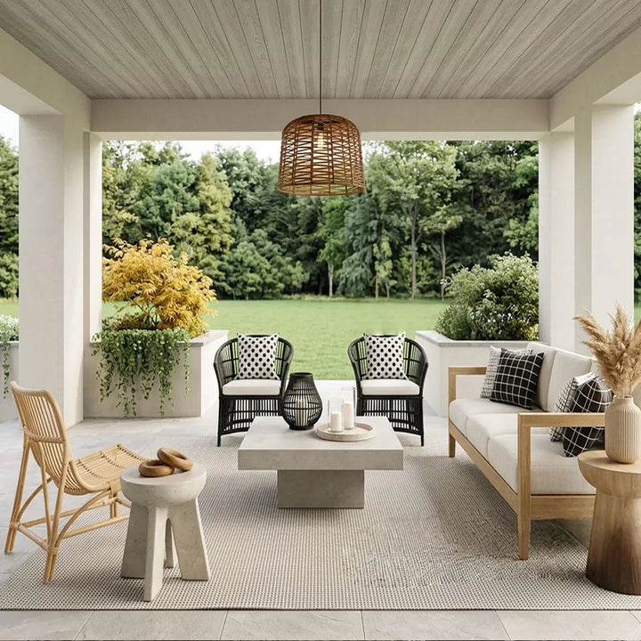 Large Outdoor Woven Rattan Pendant Light with Solar and USB Charging, Waterproof IP54 Ceiling Fixture 3