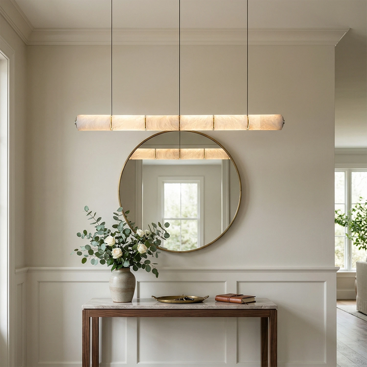 Linear Alabaster LED Chandelier – Modern Dining Room Light with Unique Design and Dimmable Feature 0