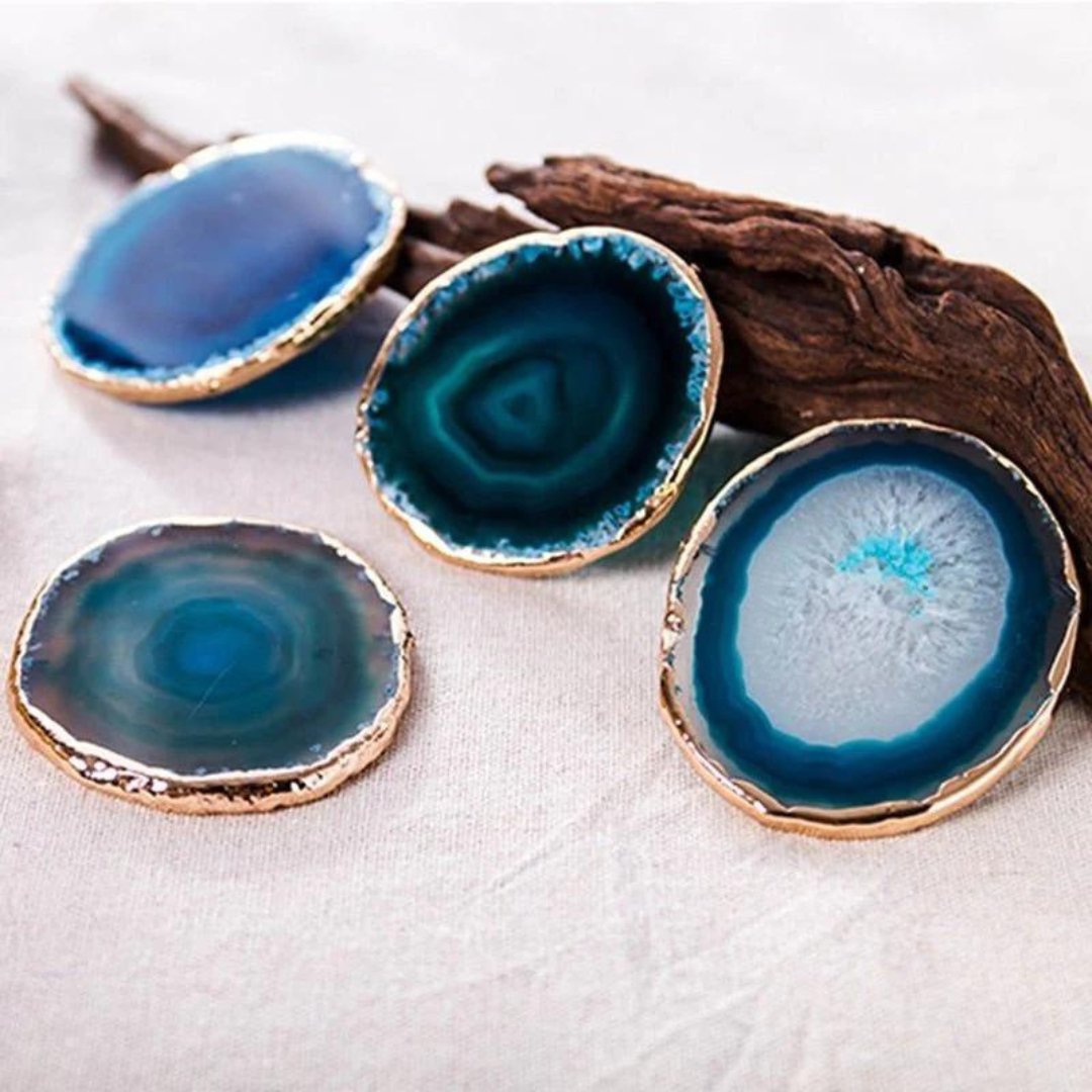 Luxury Blue Agate Coaster Set with Gold Accents – Unique Stone Coasters for Home Decor, 2 Piece 0
