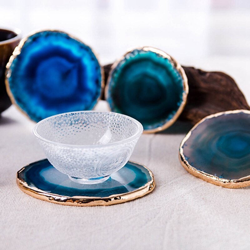 Luxury Blue Agate Coaster Set with Gold Accents – Unique Stone Coasters for Home Decor, 2 Piece 1